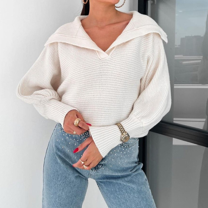 Loose Open Collar Cropped Sweater