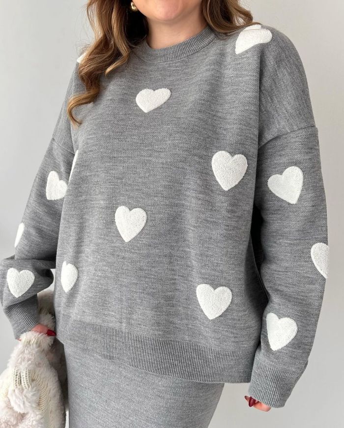 Chic Two-piece Set Hearts Knit Pullover and Hip Wrap Skirt