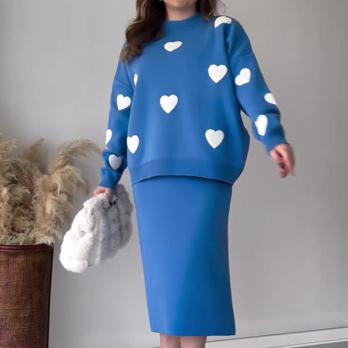 Chic Two-piece Set Hearts Knit Pullover and Hip Wrap Skirt