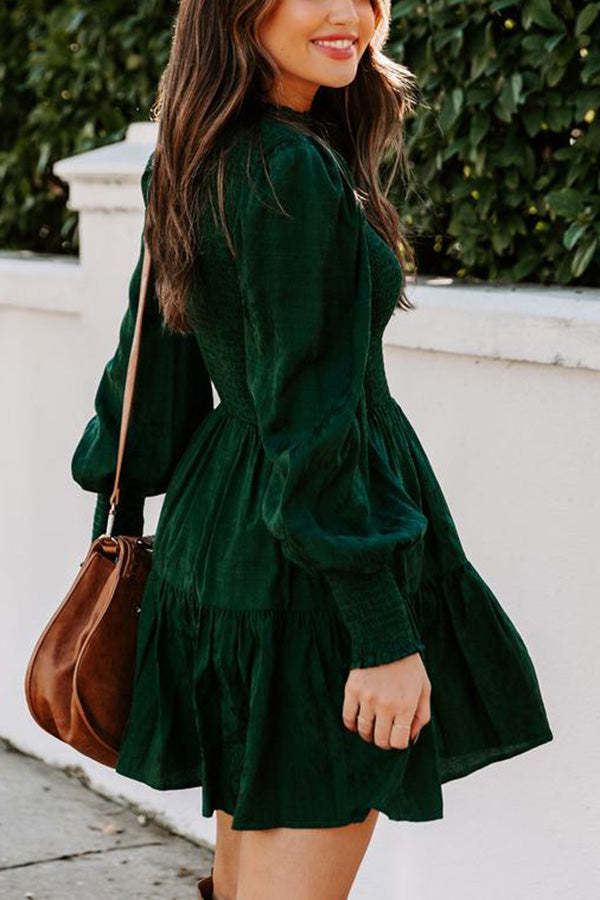 Printed Round Neck Long Sleeve Smocked Dress main image 1