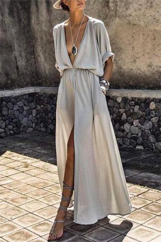 Deep V-neck Solid Color Mid-sleeve Large Swing Split Long Dress