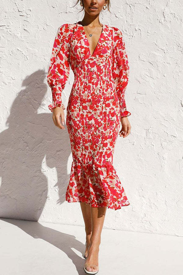 Floral Bishop Sleeve Smocked Midi Dress