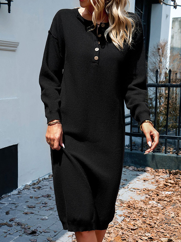 Long Sleeves Loose Buttoned Round-Neck Midi Dresses Sweater Dresses