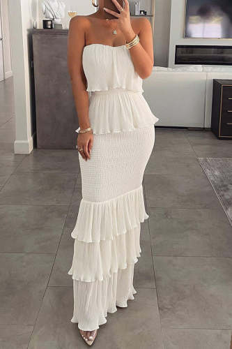 Off Shoulder Shirred Ruffle Hem Layered Wedding Guest Dress