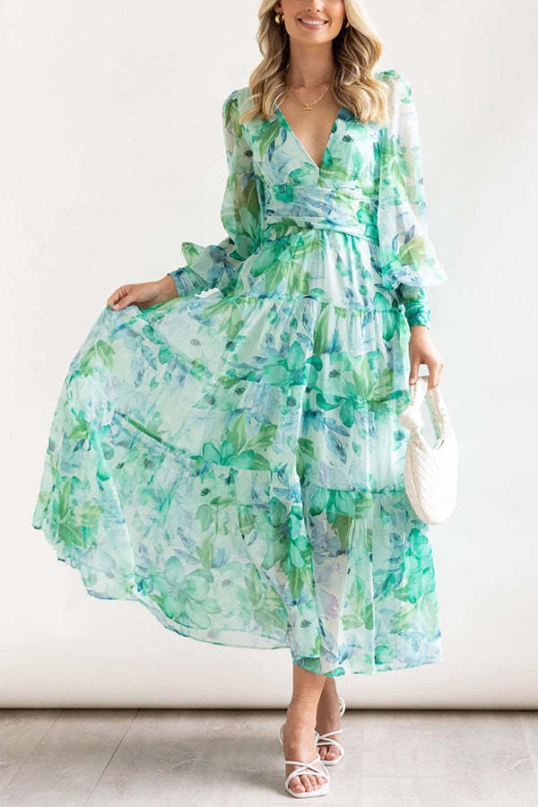 Abstract Floral Balloon Sleeves Maxi Dress