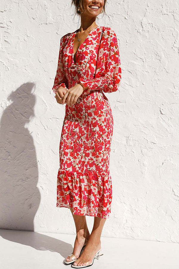 Floral Bishop Sleeve Smocked Midi Dress