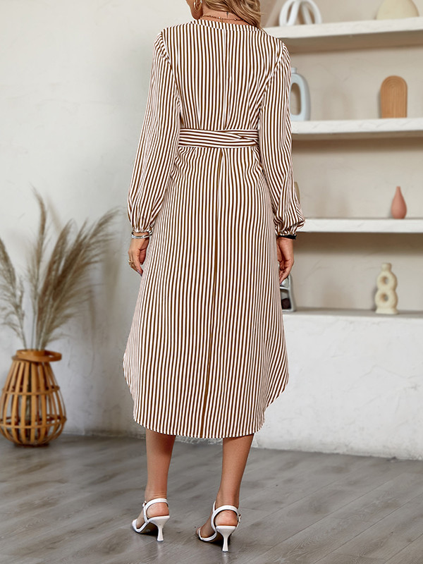 A-Line Loose Pockets Solid Color Tied Zipper V-Neck Midi Dresses Shirt Dress