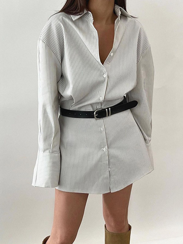 Flared Sleeves Long Sleeves Buttoned Striped Lapel Mini Dresses Shirt Dress