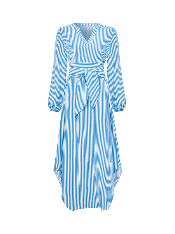 A-Line Long Sleeves Striped Tied Waist V-Neck Midi Dresses Shirt Dress