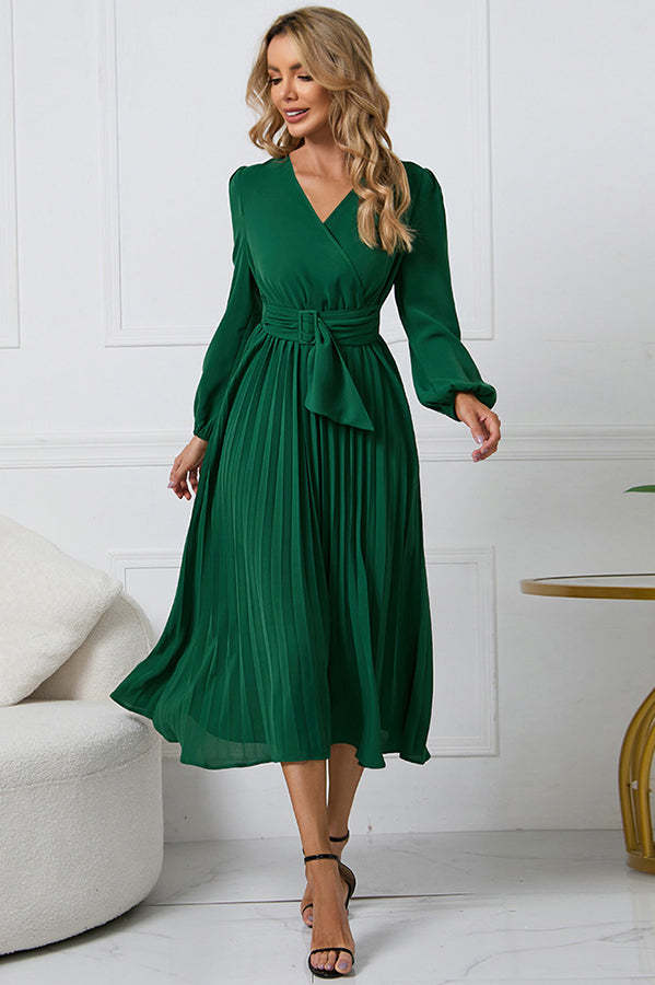 Flowy Belt Wrap Pleated Midi Dress