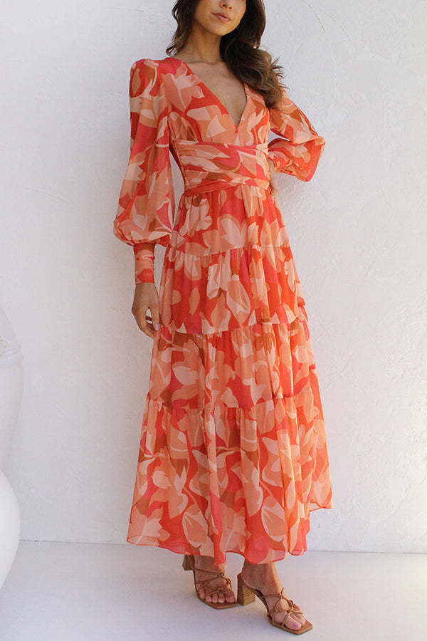 Abstract Floral Balloon Sleeves Maxi Dress