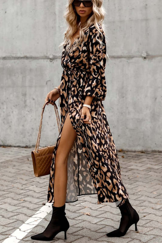 Leopard Print Slit Midi Dress