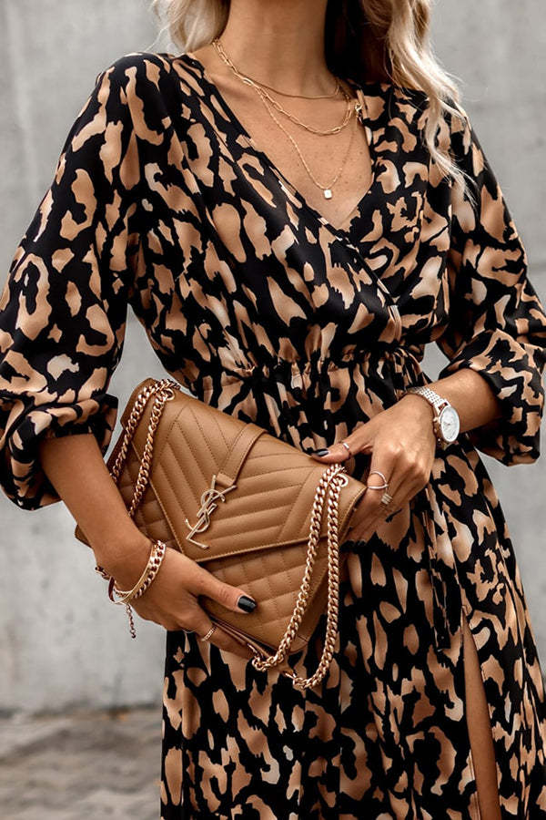 Leopard Print Slit Midi Dress