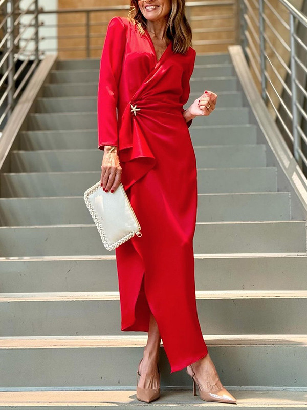 Long Sleeves Buckle Solid Color V-neck Maxi Dresses