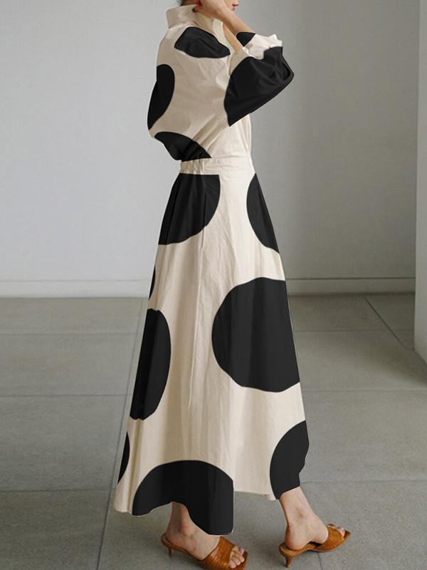 Long Sleeves Loose Contrast Color Pleated Polka-Dot Tied Waist Lapel Shirt Dress