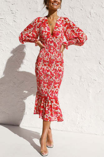 Floral Bishop Sleeve Smocked Midi Dress