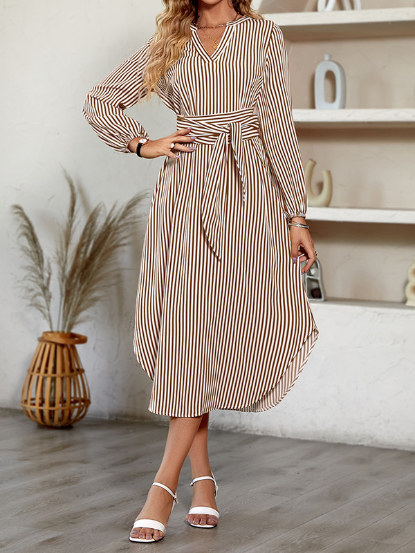A-Line Loose Pockets Solid Color Tied Zipper V-Neck Midi Dresses Shirt Dress main image 0