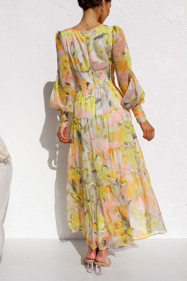 Abstract Floral Balloon Sleeves Maxi Dress