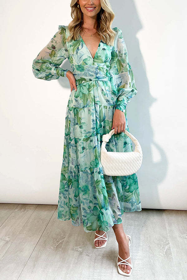 Abstract Floral Balloon Sleeves Maxi Dress