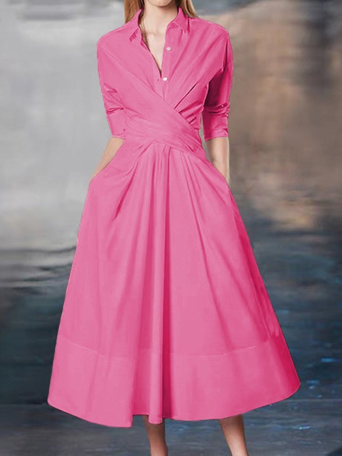 High Waisted Long Sleeves Buttoned Pleated Solid Color Lapel Mini Dresses Shirt Dress main image 1