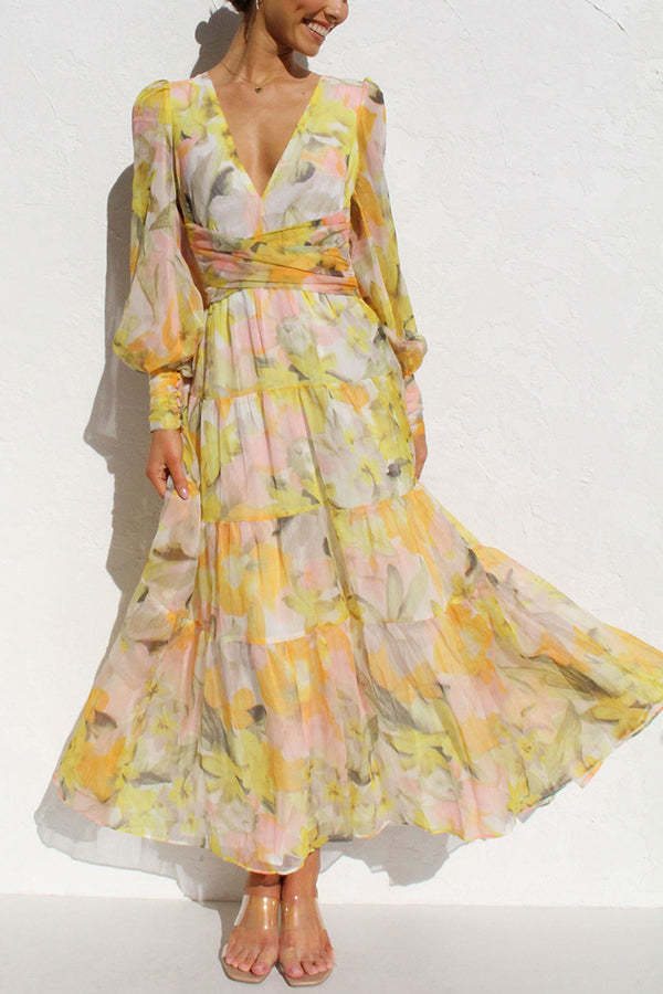 Abstract Floral Balloon Sleeves Maxi Dress