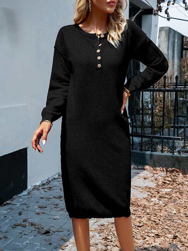 Long Sleeves Loose Buttoned Round-Neck Midi Dresses Sweater Dresses