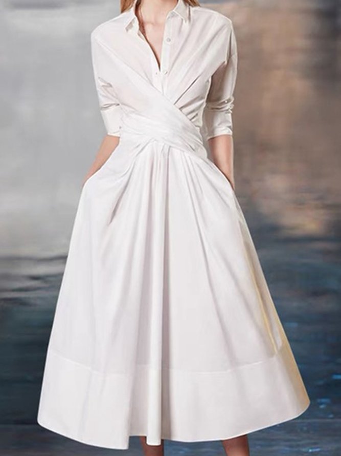 A-line Loose Buttoned Pleated Solid Color Lapel Mini Dresses