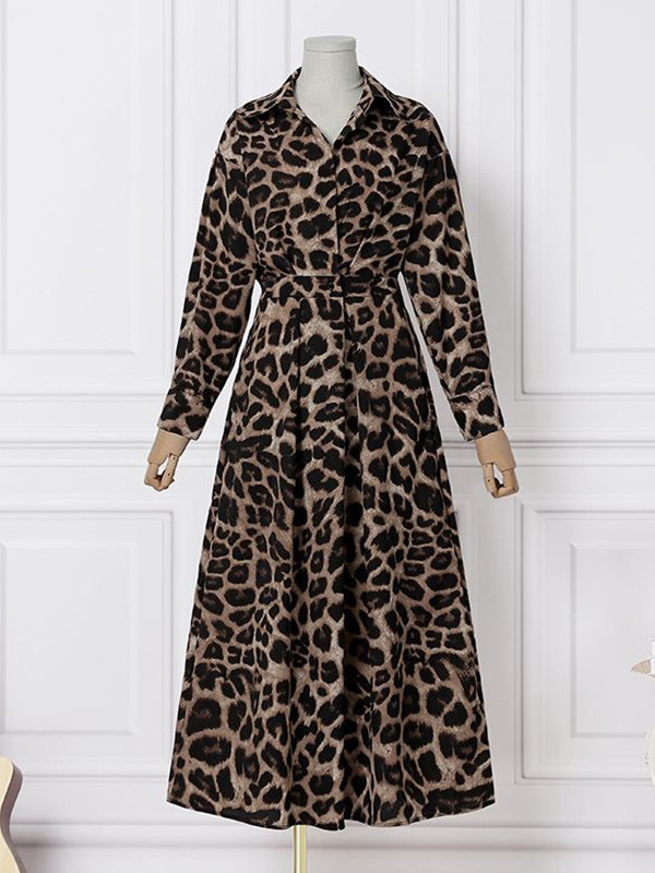 High Waisted Long Sleeves Buttoned Leopard Lapel Maxi Dresses