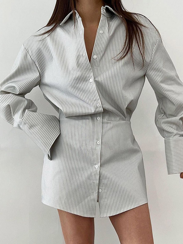 Flared Sleeves Long Sleeves Buttoned Striped Lapel Mini Dresses Shirt Dress