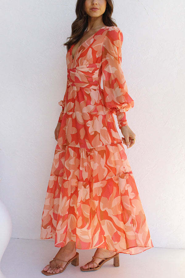 Abstract Floral Balloon Sleeves Maxi Dress