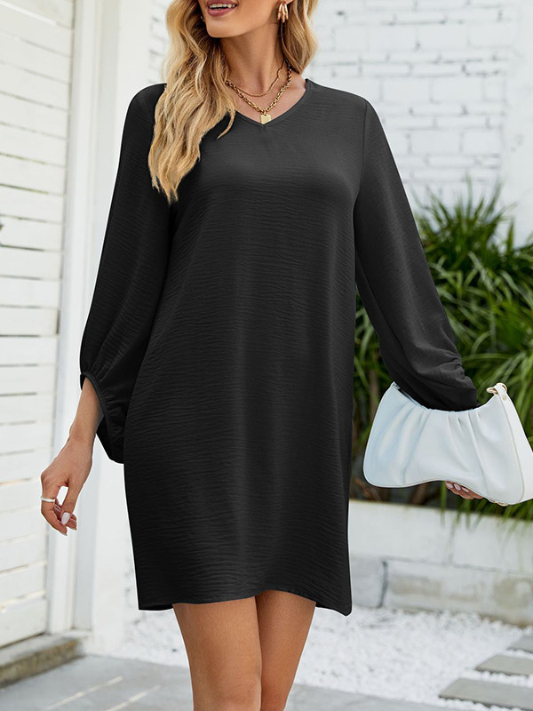 Loose Puff Sleeves Solid Color Round-Neck Mini Dresses