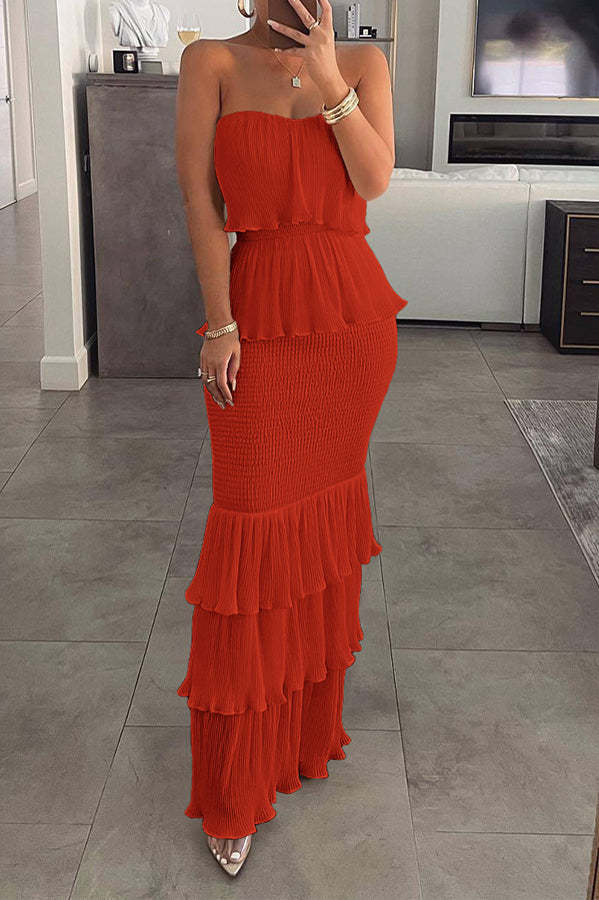 Off Shoulder Shirred Ruffle Hem Layered Wedding Guest Dress