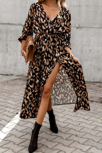 Leopard Print Slit Midi Dress