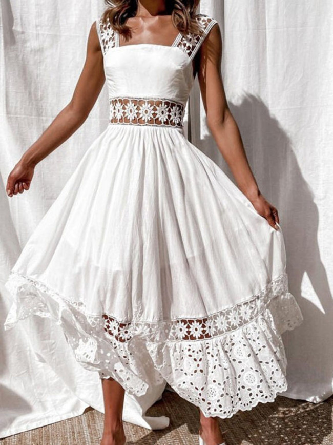 Fashion Lace Sleeveless Teaching Long Skirt Dress White Dresses