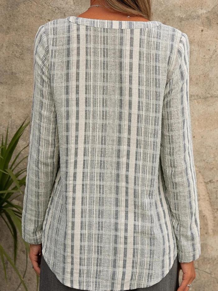 Women's Casual Striped V Neck Long Sleeve Shirt