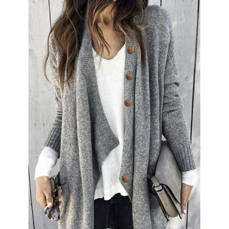 Large Size Solid Color Buttoned Casual Cardigan