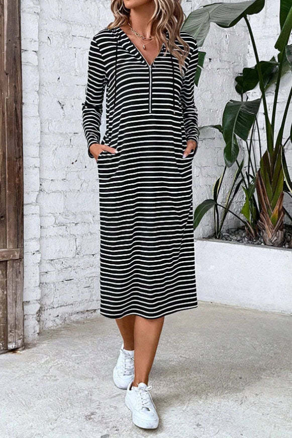 Striped hooded slim long sleeve dress