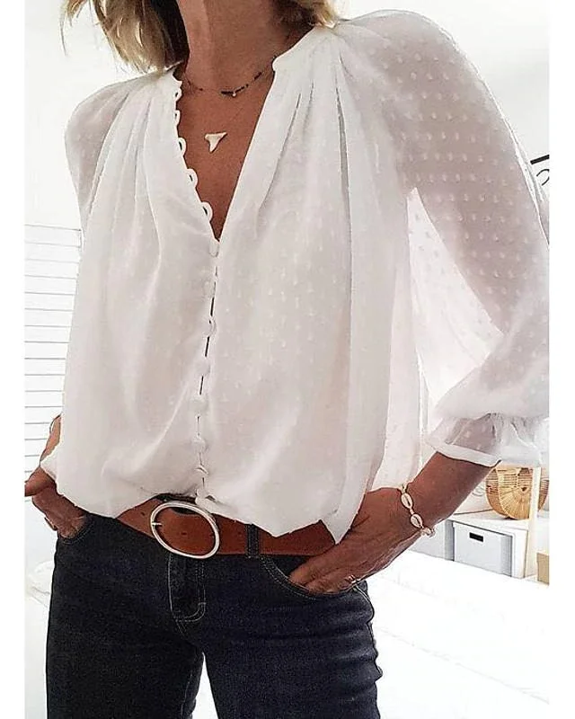 Women's Blouse Shirt Solid Colored Long Sleeve V Neck Tops Chiffon Streetwear Basic Top White-828