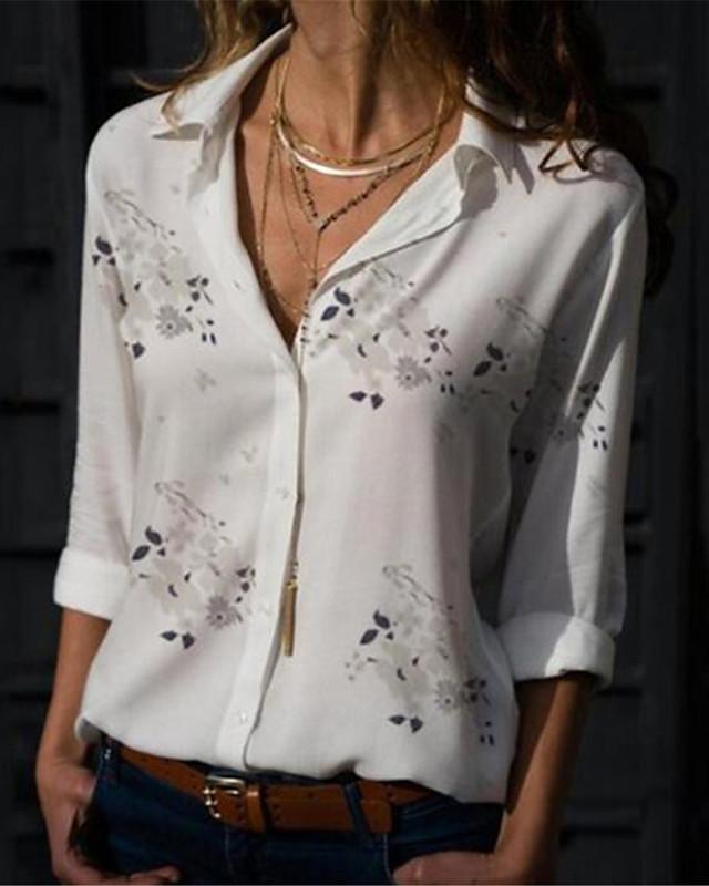 Women's Blouse Shirt Leopard Floral Flower Long Sleeve Print Shirt Collar Tops Casual Basic Top Leopard White Yellow / Work-826