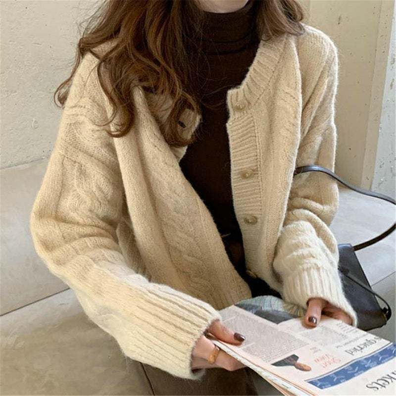 Coarse Needle Twisted Single-Breasted Knitted Retro Cardigan Sweater