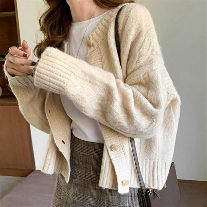 Coarse Needle Twisted Single-Breasted Knitted Retro Cardigan Sweater