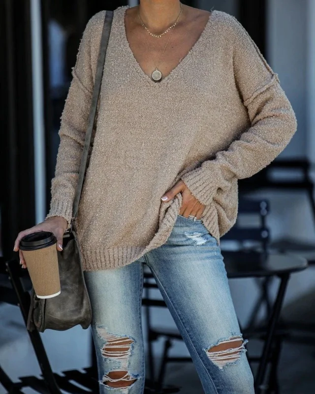 Plain V Neck Knitted Casual Sweater