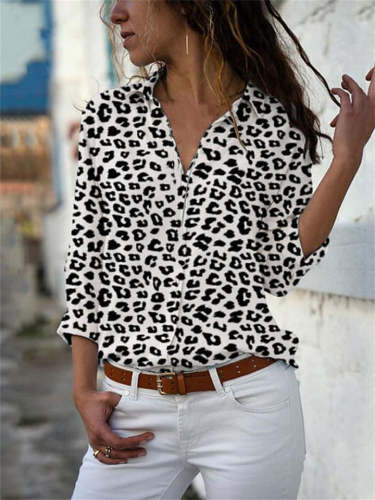 Women's Blouse Shirt Leopard Floral Flower Long Sleeve Print Shirt Collar Tops Casual Basic Top Leopard White Yellow / Work-826