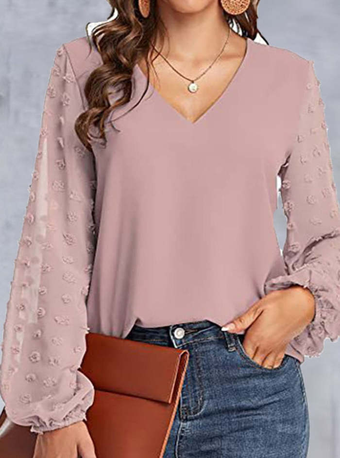 V-Neck Paneled Casual Long-Sleeve Blouse