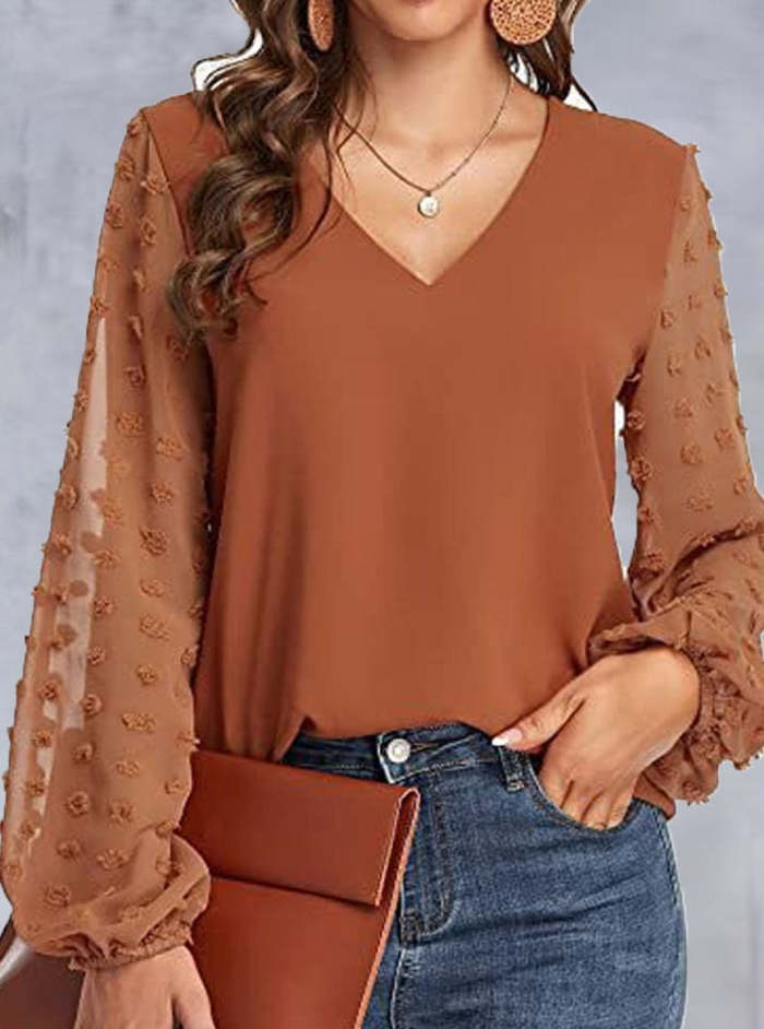 V-Neck Paneled Casual Long-Sleeve Blouse