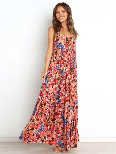 Casual Style Sling Sleeveless Large Swing Printed Dress