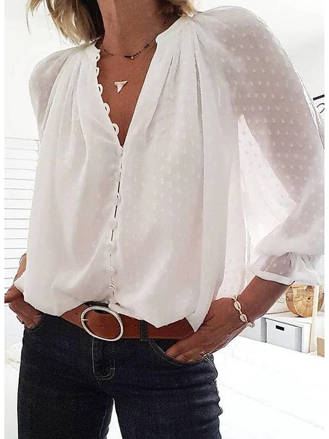 Women's Blouse Shirt Solid Colored Long Sleeve V Neck Tops Chiffon Streetwear Basic Top White-828