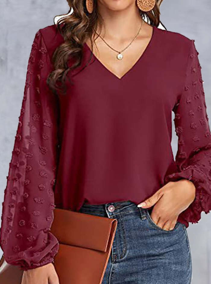 V-Neck Paneled Casual Long-Sleeve Blouse