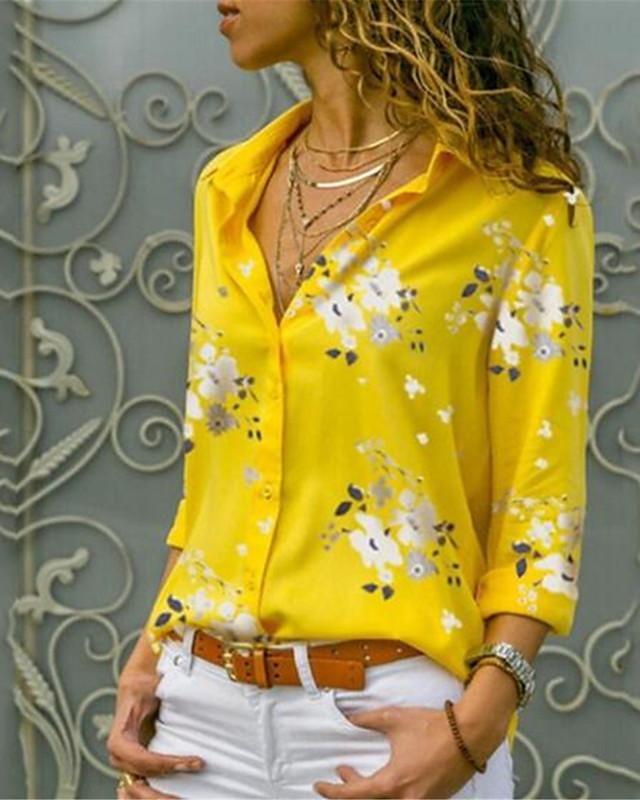 Women's Blouse Shirt Leopard Floral Flower Long Sleeve Print Shirt Collar Tops Casual Basic Top Leopard White Yellow / Work-826