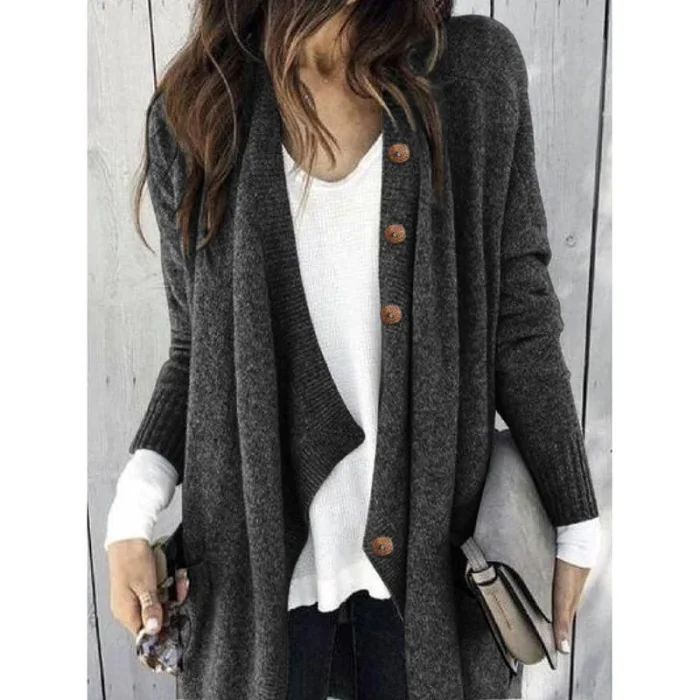 Large Size Solid Color Buttoned Casual Cardigan
